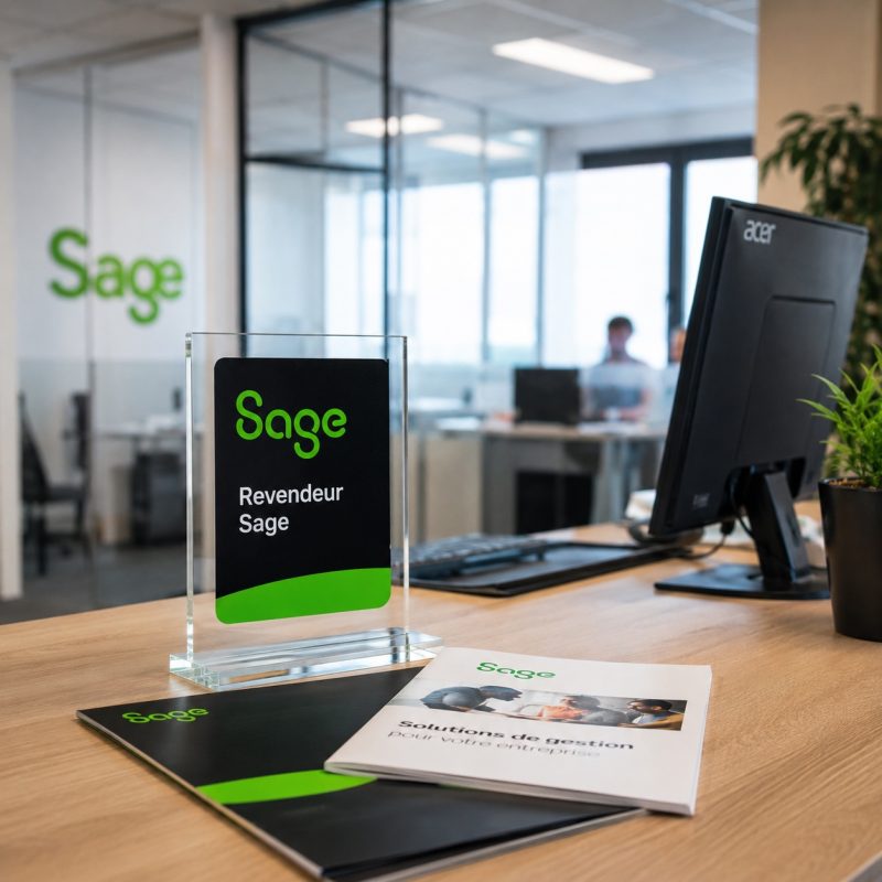 Sage branded office workspace scene