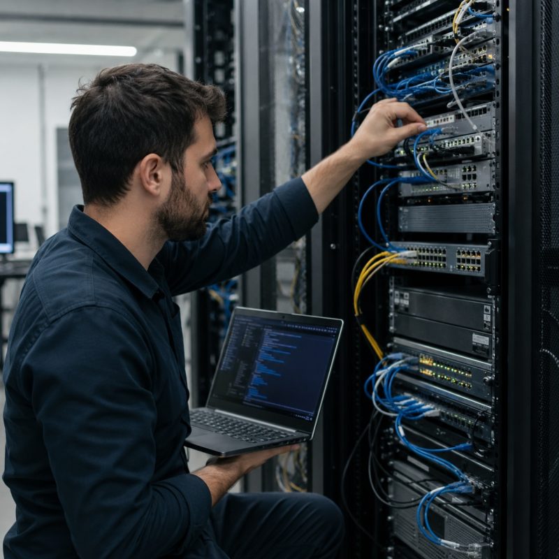Tech troubleshooting in a server room